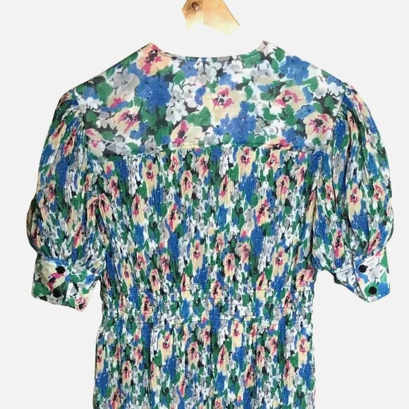 GANNI Pleated Georgette Midi Dress Puff Sleeves Smocked Floral Azure Blue NWT 4 - Picture 8 of 13